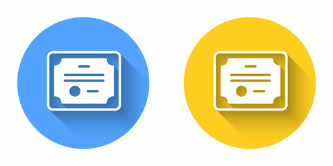 White Certificate template icon isolated with long shadow background. Achievement, award, degree, grant, diploma concepts. Circle button. Vector