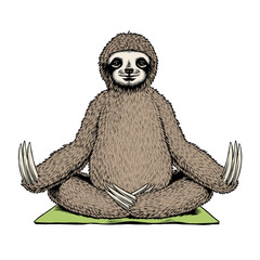 Cute sloth meditating in a lotus position. Animal yoga, meditation, relaxation. Comic style vector illustration. © ledokolua