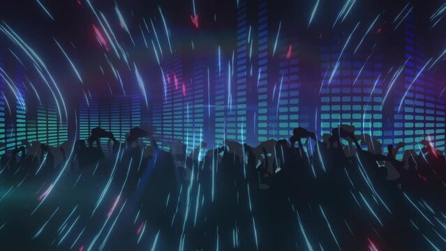 Animation of people silhouettes dancing with spotlights and purple light trails