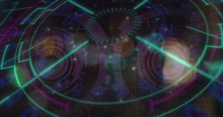 Image of blurred traffic lights over processing circle and dark space