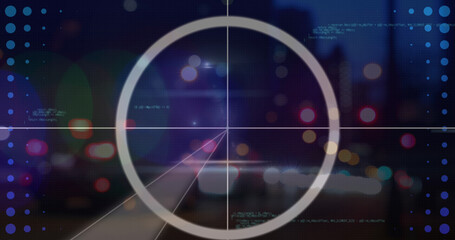 Image of blurred traffic lights over processing circle and dark space