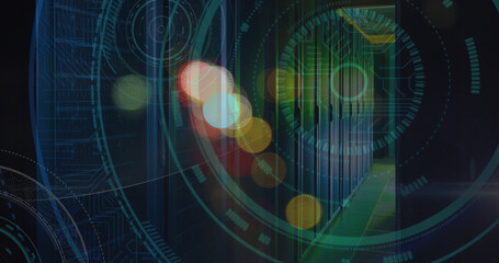 Image of blurred traffic lights over processing circle and dark space