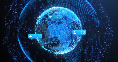Obraz premium Image of globe, connections and social media reactions on navy background
