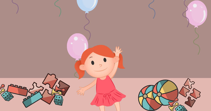 Image of schoolgirl icon and balloons on pink background