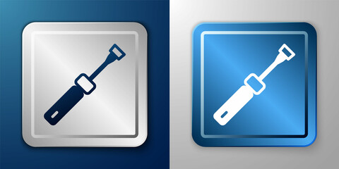 White Screwdriver icon isolated on blue and grey background. Service tool symbol. Silver and blue square button. Vector