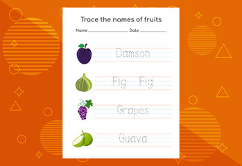 Trace the names of fruits. Handwriting practice for preschool kids.