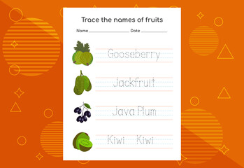 Trace the names of fruits. Handwriting practice for preschool kids.