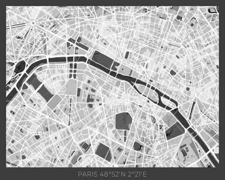 Paris Map - abstract monochrome design for interior posters, wallpaper, wall art, or other printing products. Vector illustration