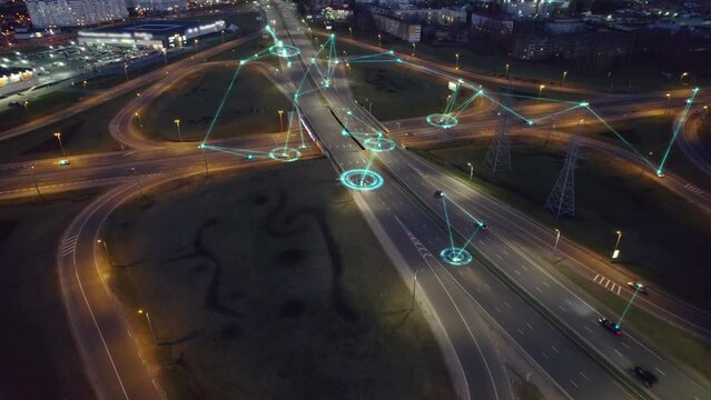 Visualization of the interaction of autonomous cars, controlled by artificial intelligence. Transport network of the future, big data, smart transportation, internet of things. High quality 4k footage