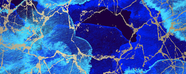 Abstract vector watercolor texture art background for cards, flyer, poster, banner and cover design. Hand drawn blue stucco texture with gold cracks. Watercolour banner. Marble. Luxury stone template.