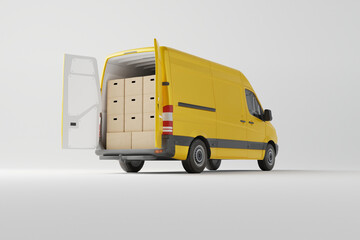 Commercial delivery yellow van with cardboard boxes on white background. Delivery order service company transportation box business background with van truck. 3d rendering, 3d illustration. - obrazy, fototapety, plakaty
