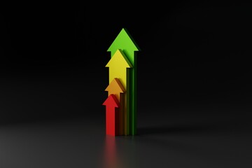 Up arrows of different colors. The concept of the growth of statistics and the development of the company, life. 3D rendering, 3D illustration.