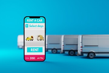 A phone with an application for renting a car against the background of vans. Rent a car, the concept of ordering a car through the app. 3D rendering, 3D illustration.