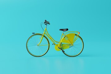 Fototapeta na wymiar Yellow bicycle on a blue background. Concept of cycling, environmental protection and keeping fit. 3D rendering, 3D illustration.
