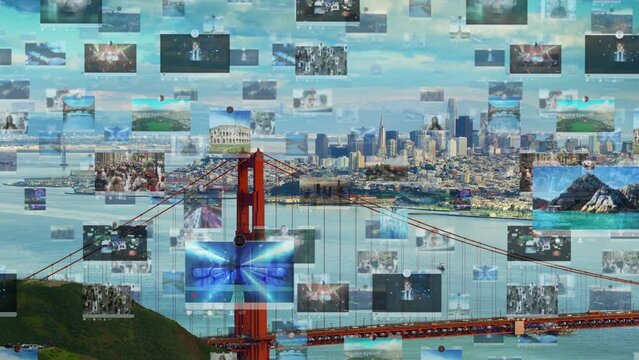 Connected Aerial City. Social Media Posts Displaying Several Videos And Images. Mobile Technology Concept, Augmented Reality, Internet Of Things. Futuristic City. Golden Gate Bridge, San Francisco. US