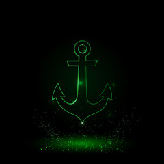 A large green outline sea anchor symbol on the center. Green Neon style. Neon color with shiny stars. Vector illustration on black background