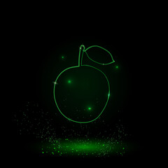 A large green outline apple symbol on the center. Green Neon style. Neon color with shiny stars. Vector illustration on black background