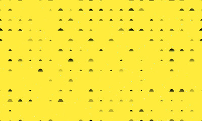 Seamless background pattern of evenly spaced black cloche symbols of different sizes and opacity. Vector illustration on yellow background with stars