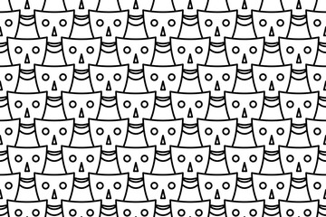 Seamless pattern completely filled with outlines of theatrical masks. Elements are evenly spaced. Vector illustration on white background