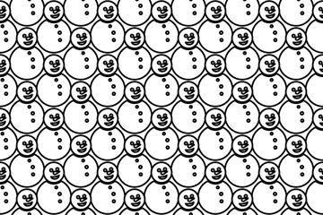 Seamless pattern completely filled with outlines of Christmas snowmans. Elements are evenly spaced. Vector illustration on white background