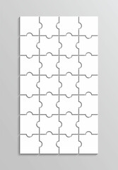 Puzzle with 28 pieces. Jigsaw outline grid 7x4 elements. Portrait orientation. Thinking game with separate shapes. Modern puzzle background. Simple mosaic layout. Laser cut frame. Vector illustration.
