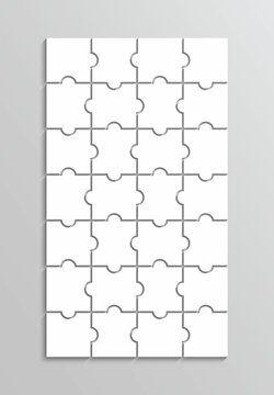 Puzzle with 28 pieces. Jigsaw outline grid 7x4 elements. Portrait orientation. Thinking game with separate shapes. Modern puzzle background. Simple mosaic layout. Laser cut frame. Vector illustration.