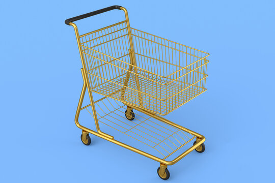 Shopping cart or trolley for groceries on blue background.