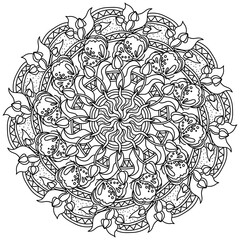 mandala with butterflies and tulips, meditative coloring page with ornate lines
