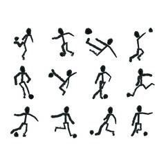 Hand-drawn sport icon set. Different positions of man playing with ball.  Logo collection made with black brush on white background. Vector illustration.