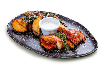 Chicken in Teriyaki sauce with roasted potatoes.In peel and garlic sauce. On a white background, isolated.