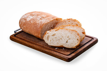 Wheat flour bread, handmade on a wooden board . On white background, isolated.