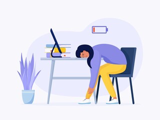 Professional burnout syndrome of exhausted girl. Tired female worker sitting at her workplace in office and low vital power or battery charge indicator. Long working day. Mental health problem, stress