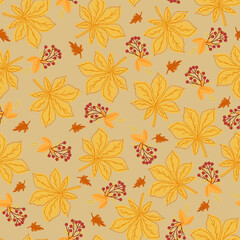 Fototapeta na wymiar Seamless pattern with autumn leaves of chestnut and rowan berries on beige background.