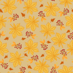 Seamless pattern with autumn leaves of chestnut  and rowan berries on beige background.