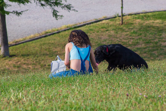 Fotografía de una chica con su perro en un parque