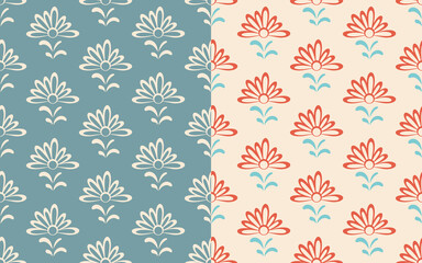 Folklore floral seamless patterns, set of 2. Doodle cartoon style, hand drawn graphic boho flowers. Geometric monochrome grid, pink blue pastel colors illustration. Transparent background. Vector