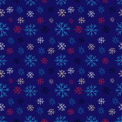 Vector illustration of seamless pattern with white snowflakes of different sizes on blue background