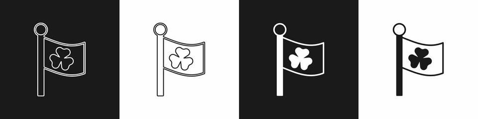 Set National Ireland flag with clover trefoil leaf icon isolated on black and white background. Happy Saint Patricks day. National Irish holiday. Vector