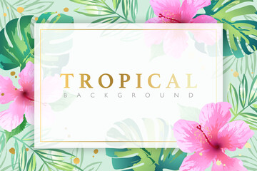Tropical background decorated with hibiscus flowers and tropical leaves on light blue background