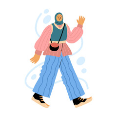 Young muslim woman walking and waving hand. Female full length character greeeting. Cheerful girl wearing hijab and trendy clothes. Pants, blouse, vest, purse, head scarf. Flat hand drawn cartoon vect