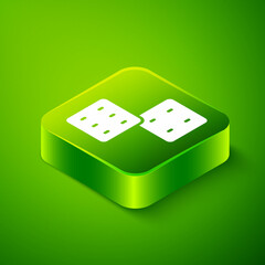 Isometric Game dice icon isolated on green background. Casino gambling. Green square button. Vector