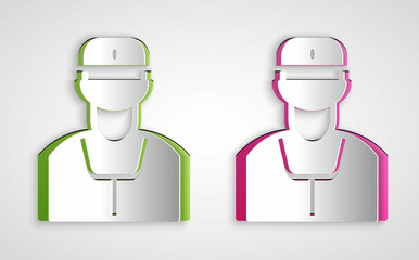 Paper cut Train conductor icon isolated on grey background. Paper art style. Vector