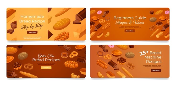 Homemade bread recipes beginners guide landing page template set vector illustration