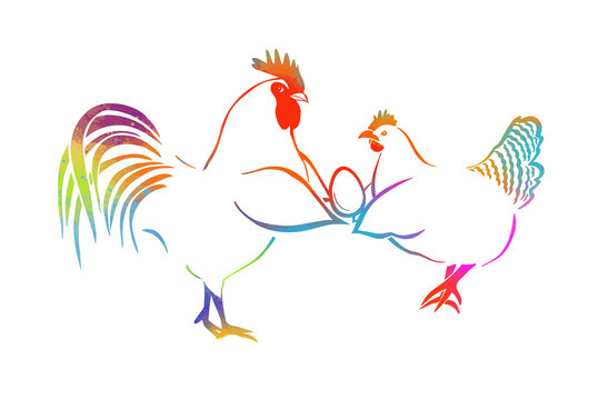 A colorful rooster and a hen are holding an egg. Vector illustration