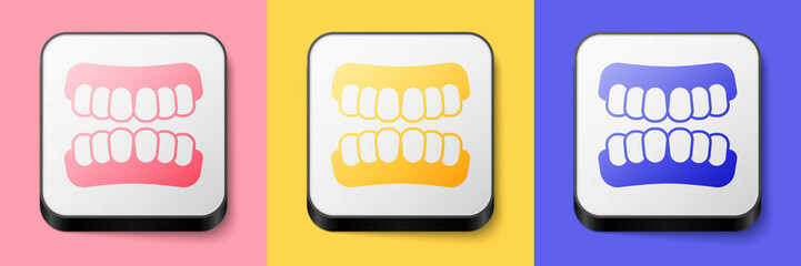 Isometric Dentures model icon isolated on pink, yellow and blue background. Teeth of the upper jaw. Dental concept. Square button. Vector © Iryna