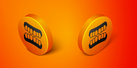 Isometric Dentures model icon isolated on orange background. Teeth of the upper jaw. Dental concept. Orange circle button. Vector © Iryna