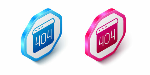 Isometric Page with a 404 error icon isolated on white background. Template reports that the page is not found. Hexagon button. Vector