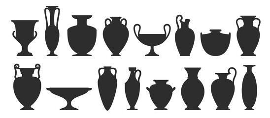 Vase silhouettes set. Different antique ceramic vases and vessels. Various forms and shapes of ancient greek jars and amphorae. Clay vessels pottery collection. Vector - obrazy, fototapety, plakaty