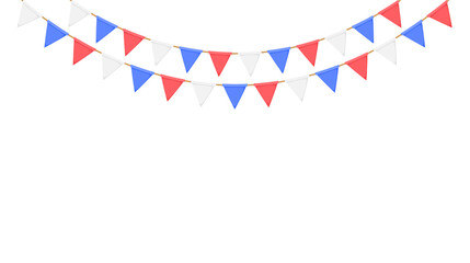 Fototapeta premium Flag garland. White, blue, red pennants chain. Party bunting decoration. Triangle celebration flags for garden decor. Vector footer and banner 