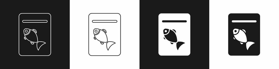 Set Served fish on plate icon isolated on black and white background. Vector